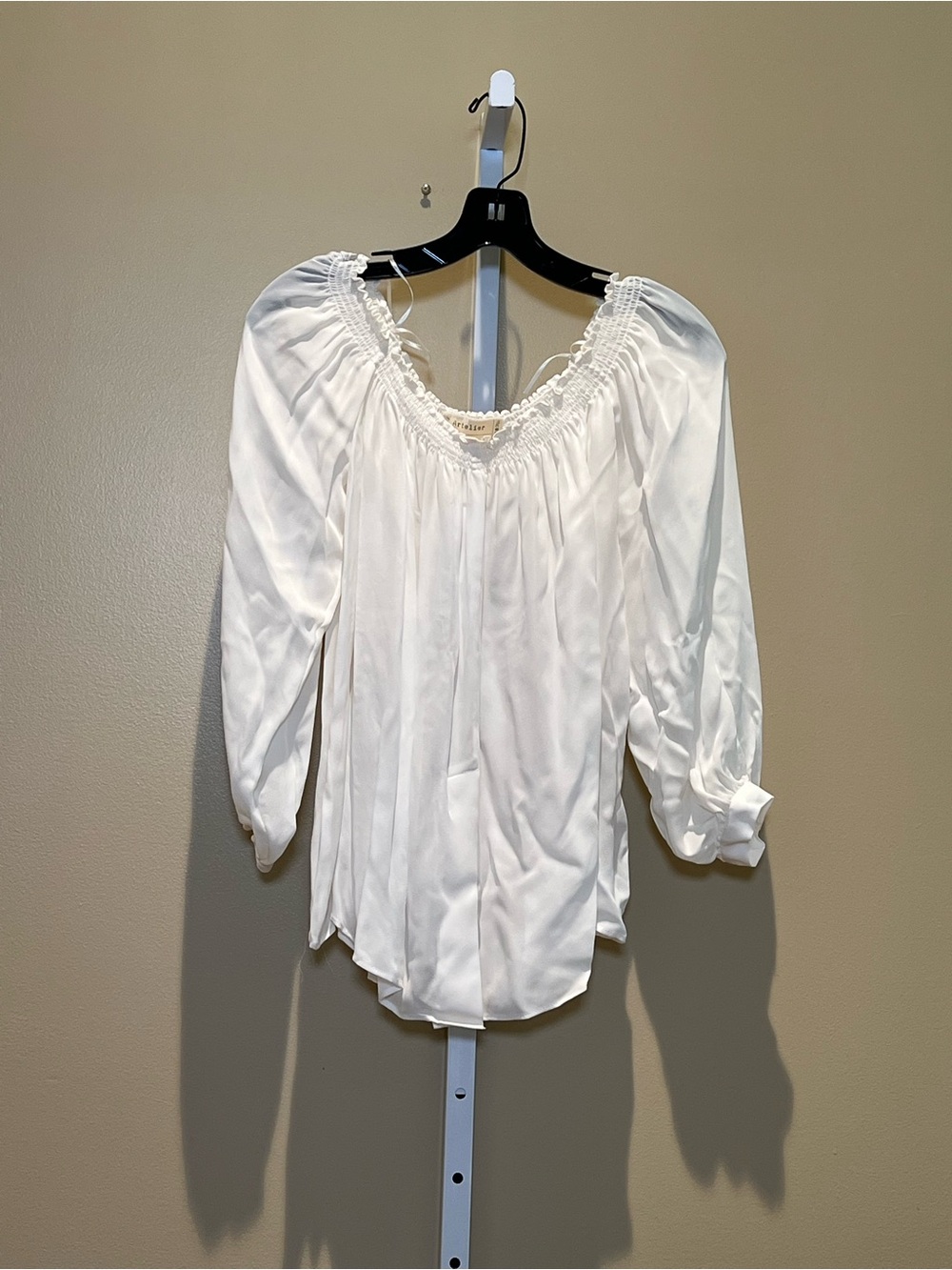 Nicole Miller Runway Ivory Silk Peasant Blouse with Smocked V-Neck